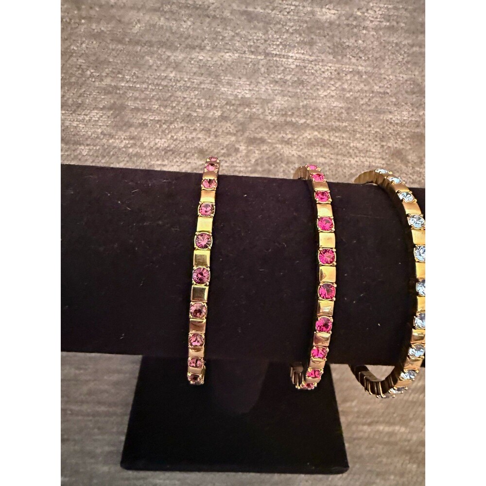 Vintage Joan Rivers Gold Tone Bangle Bracelet Set 3 Pink Blue Rhinestone 1990s